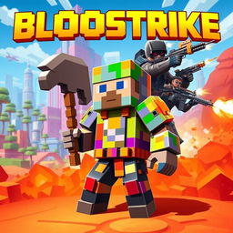 A vibrant and dynamic cover image showcasing a crossover theme of BlooStrike, Minecraft, and Free Fire