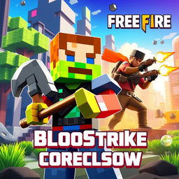A vibrant and dynamic cover image showcasing a crossover theme of BlooStrike, Minecraft, and Free Fire