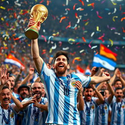 Lionel Messi lifting the World Cup trophy high above his head, a joyous expression on his face, surrounded by ecstatic fans lifting him up on their shoulders in celebration