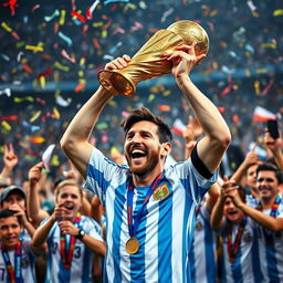 Lionel Messi lifting the World Cup trophy high above his head, a joyous expression on his face, surrounded by ecstatic fans lifting him up on their shoulders in celebration
