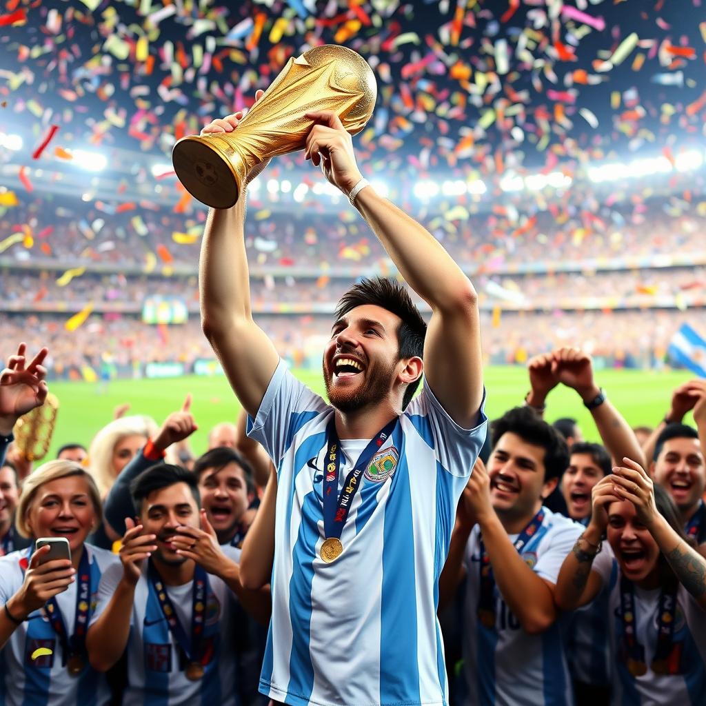 Lionel Messi lifting the World Cup trophy high above his head, a joyous expression on his face, surrounded by ecstatic fans lifting him up on their shoulders in celebration
