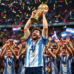 Lionel Messi lifting the World Cup trophy high above his head, a joyous expression on his face, surrounded by ecstatic fans lifting him up on their shoulders in celebration