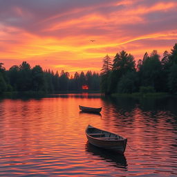A picturesque scene of a calm sunset over a serene lake surrounded by tall, lush green trees