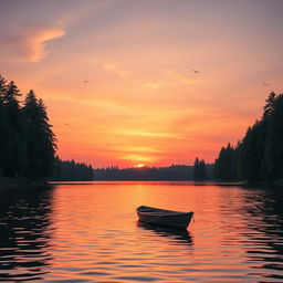 A picturesque scene of a calm sunset over a serene lake surrounded by tall, lush green trees