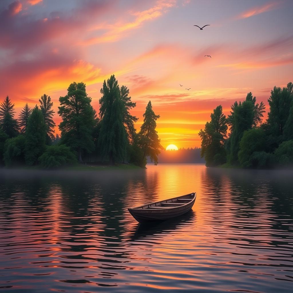 A picturesque scene of a calm sunset over a serene lake surrounded by tall, lush green trees