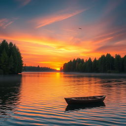 A picturesque scene of a calm sunset over a serene lake surrounded by tall, lush green trees
