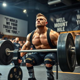 A powerful disabled weightlifter in an inspiring gym setting, showcasing incredible strength and determination