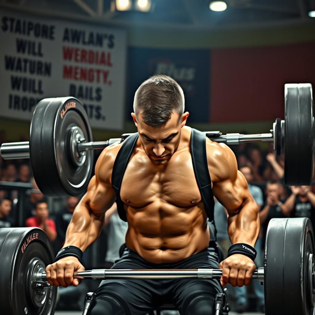 A powerful disabled weightlifter in an inspiring gym setting, showcasing incredible strength and determination