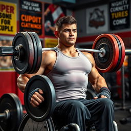 A powerful disabled weightlifter showcasing impressive strength in a vibrant gym setting