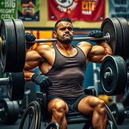 A powerful disabled weightlifter showcasing impressive strength in a vibrant gym setting