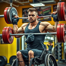 A powerful disabled weightlifter showcasing impressive strength in a vibrant gym setting