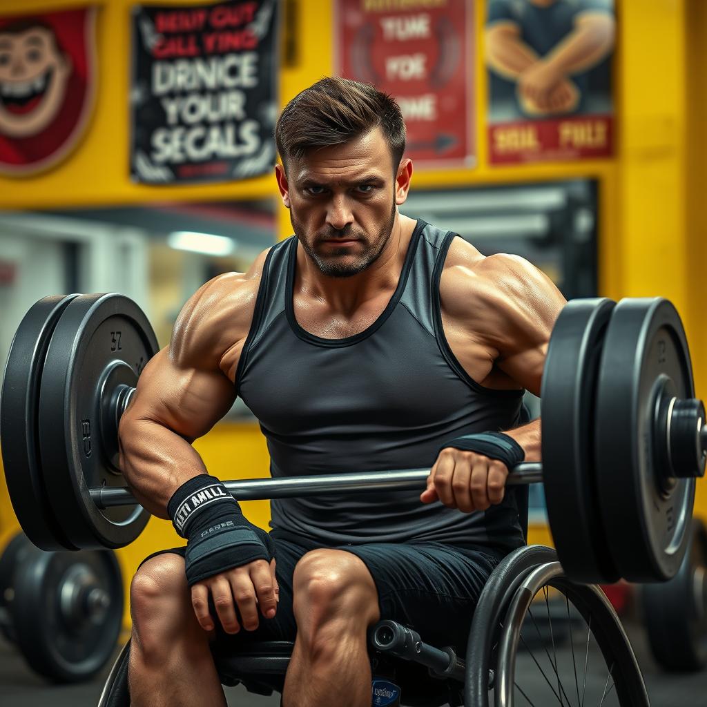 A powerful disabled weightlifter showcasing impressive strength in a vibrant gym setting