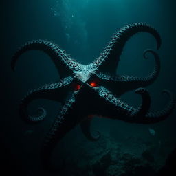 A giant evil starfish lurking underwater, displaying dramatic mutations caused by a meteorite impact