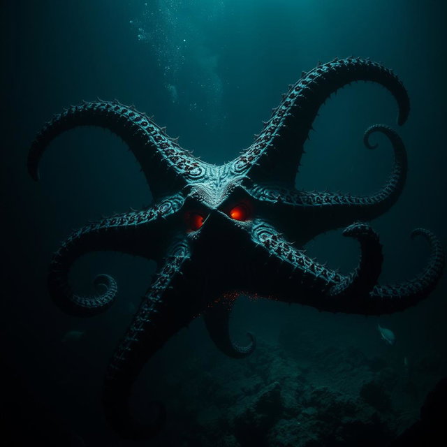 A giant evil starfish lurking underwater, displaying dramatic mutations caused by a meteorite impact