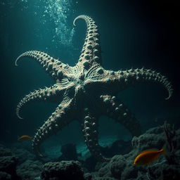 A giant evil starfish lurking underwater, displaying dramatic mutations caused by a meteorite impact
