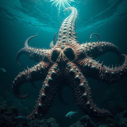 A giant evil starfish lurking underwater, displaying dramatic mutations caused by a meteorite impact