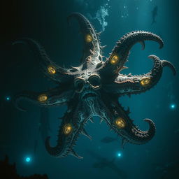 A giant evil starfish lurking underwater, displaying dramatic mutations caused by a meteorite impact