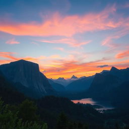 A captivating scene of a serene mountain landscape at sunset: towering, majestic mountains silhouetted against a vibrant orange and pink sky, lush greenery in the foreground, a tranquil lake reflecting the colors of the sunset, and wispy clouds scattered throughout the sky