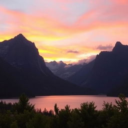 A captivating scene of a serene mountain landscape at sunset: towering, majestic mountains silhouetted against a vibrant orange and pink sky, lush greenery in the foreground, a tranquil lake reflecting the colors of the sunset, and wispy clouds scattered throughout the sky