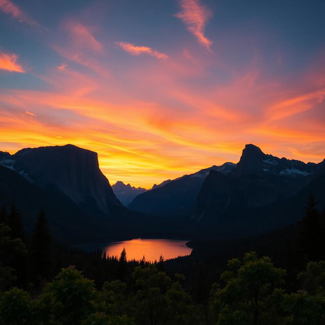 A captivating scene of a serene mountain landscape at sunset: towering, majestic mountains silhouetted against a vibrant orange and pink sky, lush greenery in the foreground, a tranquil lake reflecting the colors of the sunset, and wispy clouds scattered throughout the sky