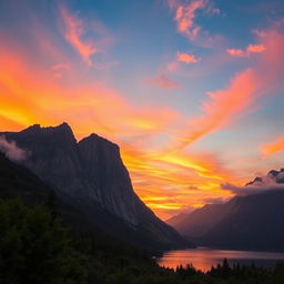 A captivating scene of a serene mountain landscape at sunset: towering, majestic mountains silhouetted against a vibrant orange and pink sky, lush greenery in the foreground, a tranquil lake reflecting the colors of the sunset, and wispy clouds scattered throughout the sky