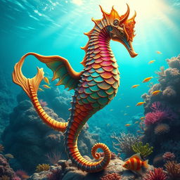 A majestic guardian sea horse, infused with fantastical elements, standing prominently in the foreground