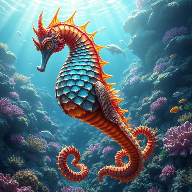 A majestic guardian sea horse, infused with fantastical elements, standing prominently in the foreground