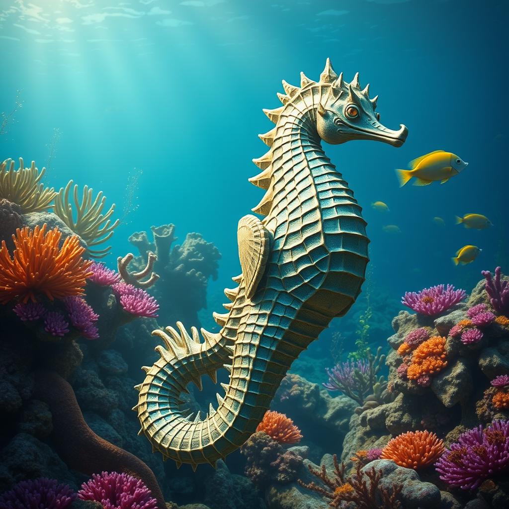 A majestic guardian sea horse, infused with fantastical elements, standing prominently in the foreground