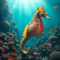 A majestic guardian sea horse, infused with fantastical elements, standing prominently in the foreground