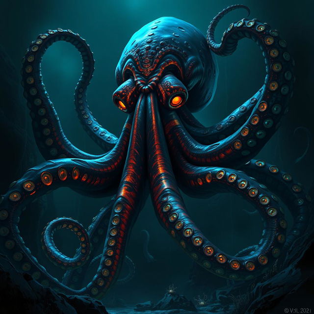 A colossal octopus as large as a human, depicted in a dark fantasy style, exuding an evil and sinister aura