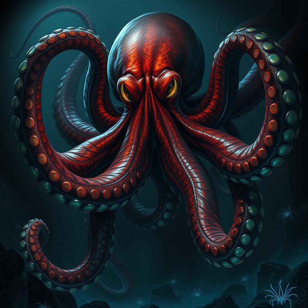 A colossal octopus as large as a human, depicted in a dark fantasy style, exuding an evil and sinister aura