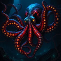 A colossal octopus as large as a human, depicted in a dark fantasy style, exuding an evil and sinister aura