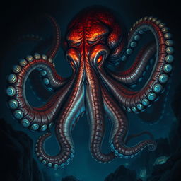 A colossal octopus as large as a human, depicted in a dark fantasy style, exuding an evil and sinister aura