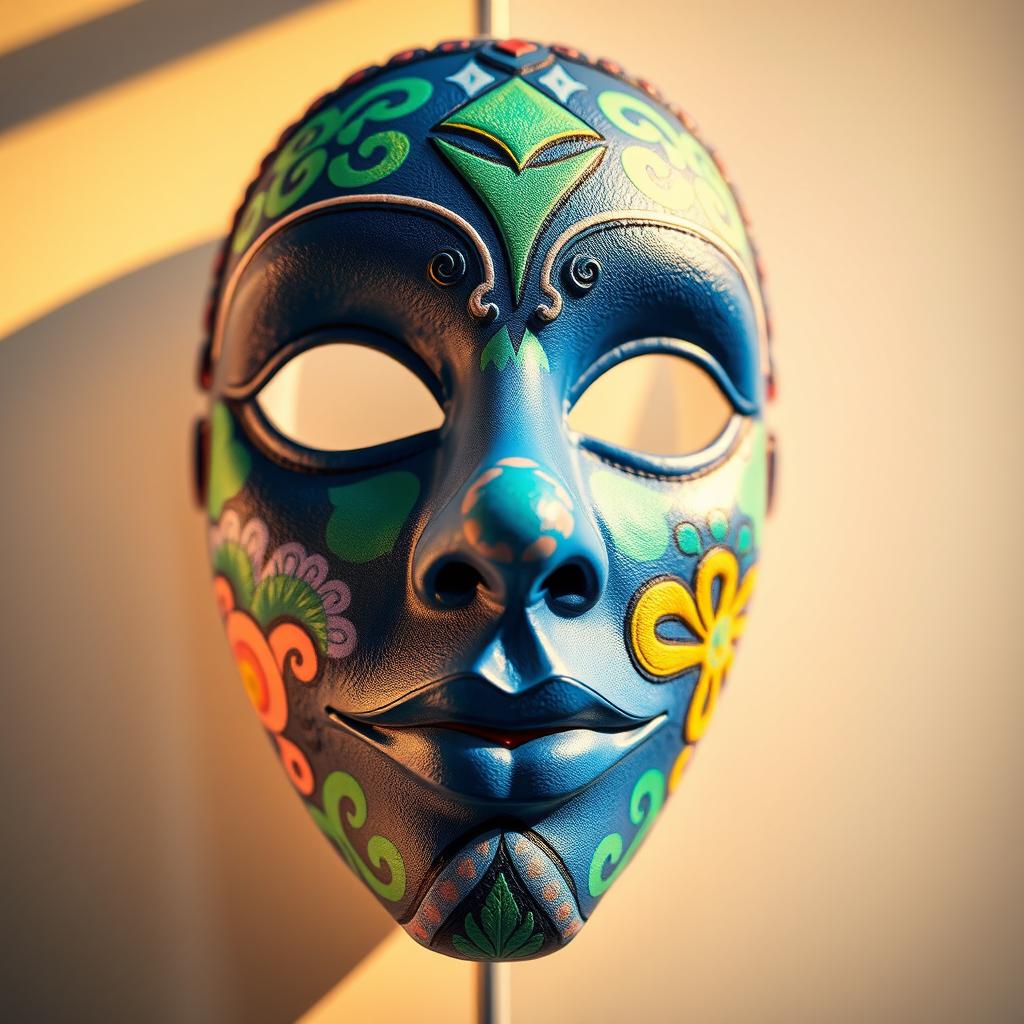 A close-up of a colorful and artistic face mask, featuring intricate patterns and designs, vibrant colors like blue, green, and yellow, and a soft texture