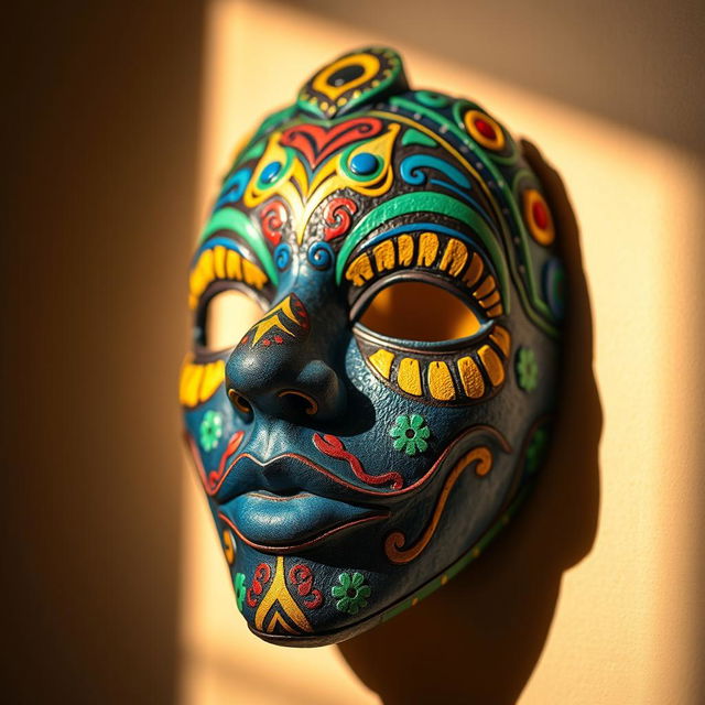 A close-up of a colorful and artistic face mask, featuring intricate patterns and designs, vibrant colors like blue, green, and yellow, and a soft texture