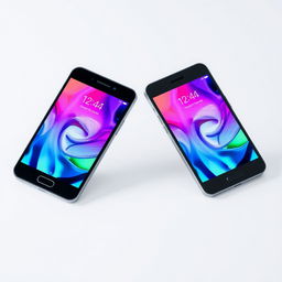 Two smartphones positioned in a triangular formation, so that when placed together they create the outline of a rectangle