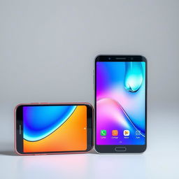 Two smartphones positioned in a triangular formation, so that when placed together they create the outline of a rectangle