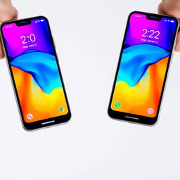 Two smartphones positioned in a triangular formation, so that when placed together they create the outline of a rectangle