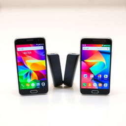 Two smartphones positioned in a triangular formation, so that when placed together they create the outline of a rectangle