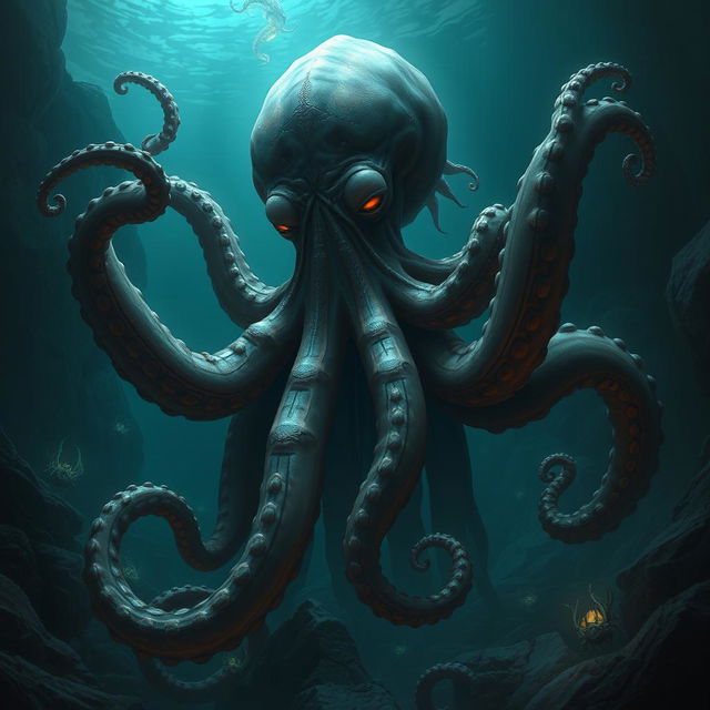 A large, humanoid-sized octopus depicted in a dark fantasy style, showcasing its sinister and evil nature through a shapeshifting form