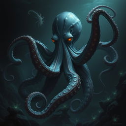 A large, humanoid-sized octopus depicted in a dark fantasy style, showcasing its sinister and evil nature through a shapeshifting form