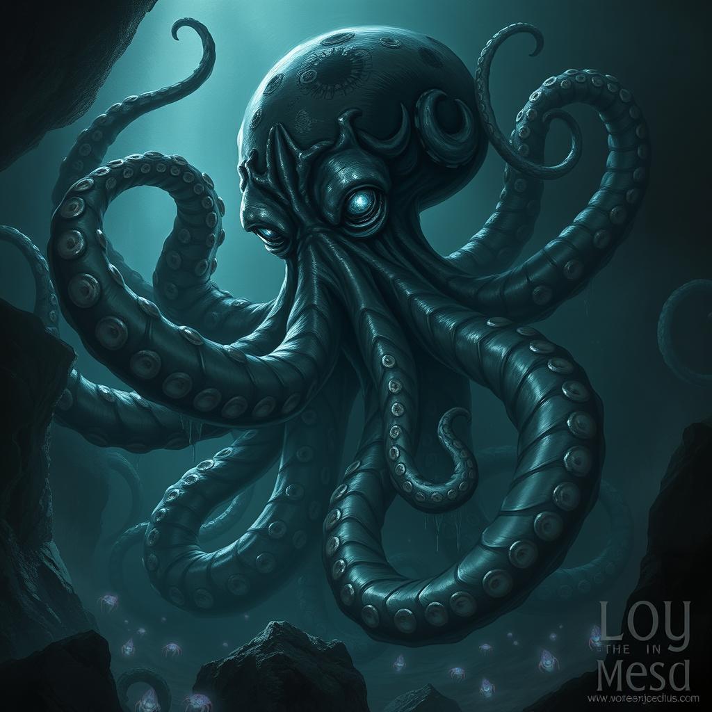 A large, humanoid-sized octopus depicted in a dark fantasy style, showcasing its sinister and evil nature through a shapeshifting form