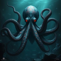 A large, humanoid-sized octopus depicted in a dark fantasy style, showcasing its sinister and evil nature through a shapeshifting form