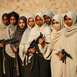 A group of women dressed in full-body coverings, standing together confidently while holding various weapons like rifles and pistols