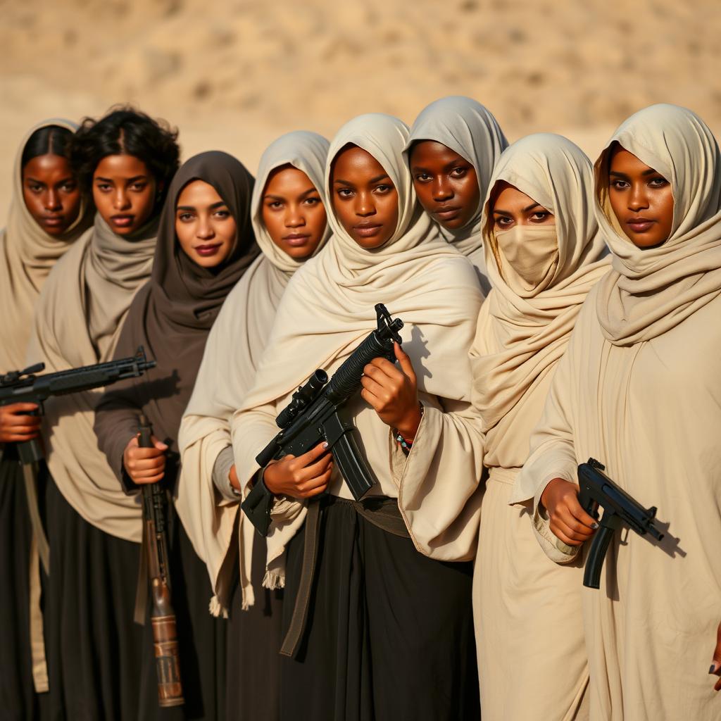 A group of women dressed in full-body coverings, standing together confidently while holding various weapons like rifles and pistols