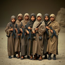 A group of women dressed in full-body coverings, standing together confidently while holding various weapons like rifles and pistols