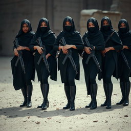 A group of women dressed in full-body coverings, standing together confidently while holding various weapons like rifles and pistols