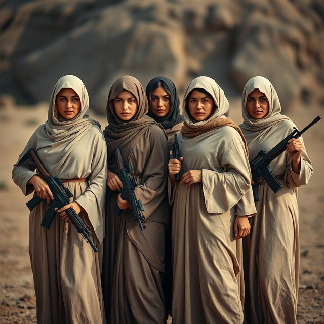 A group of women dressed in full-body coverings, standing together confidently while holding various weapons like rifles and pistols