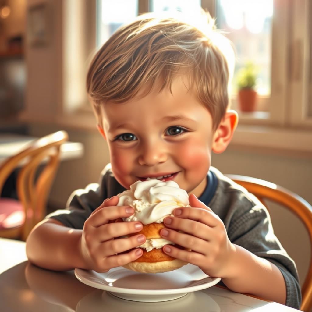 A young boy enjoying a cream puff, sitting at a charming café table