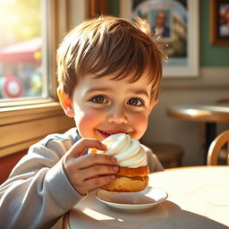 A young boy enjoying a cream puff, sitting at a charming café table